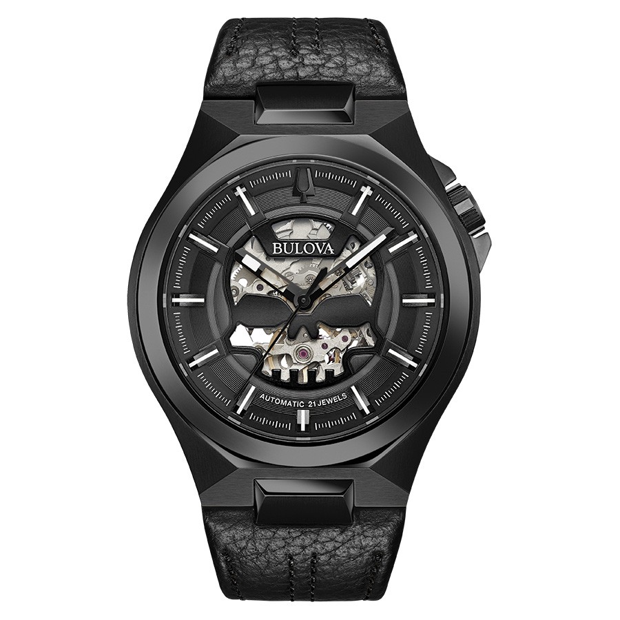 Bulova Maquina 46Mm Round Black "Skull" Dial, Black Case, Black Leather