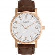 Bulova Gents Round White Dial Watch With Arabic Markers, Brown Croc Embossed Leather Strap, Rose Tone Case/Buckle