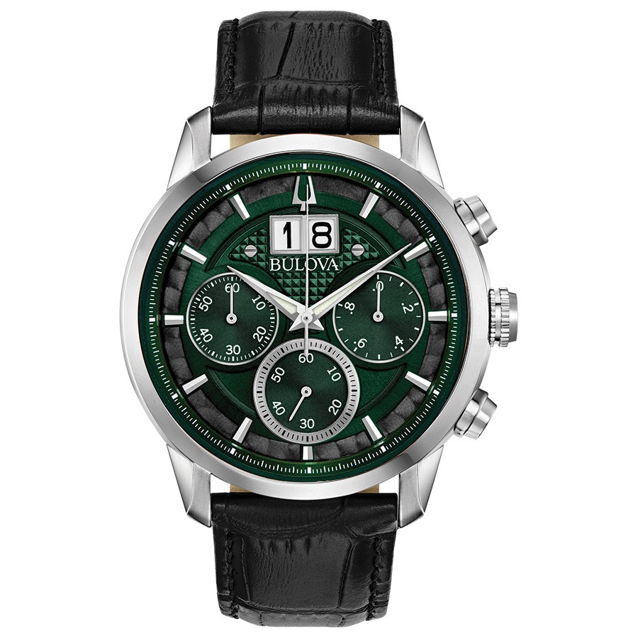 Bulova Sutton 44Mm Round Green Chronograph Dial Watch, Black Strap, Stainless