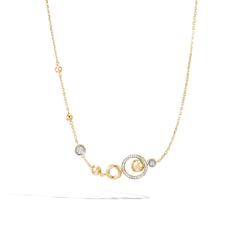 Dot Station Necklace in Hammered 18K Gold with Diamonds