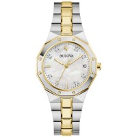 BULOVA LDS PRESTIGE WHITE MOTHER OF PEARL 8 ROUND DIAMOND DIAL LINK BRACELET STAINLESS/GOLD TONE