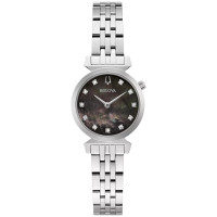 BULOVA LDS WATCH: ROUND BLACK DIAL WITH 11 DIAMONDS 5-ROW LINK BRACELET STAINLESS