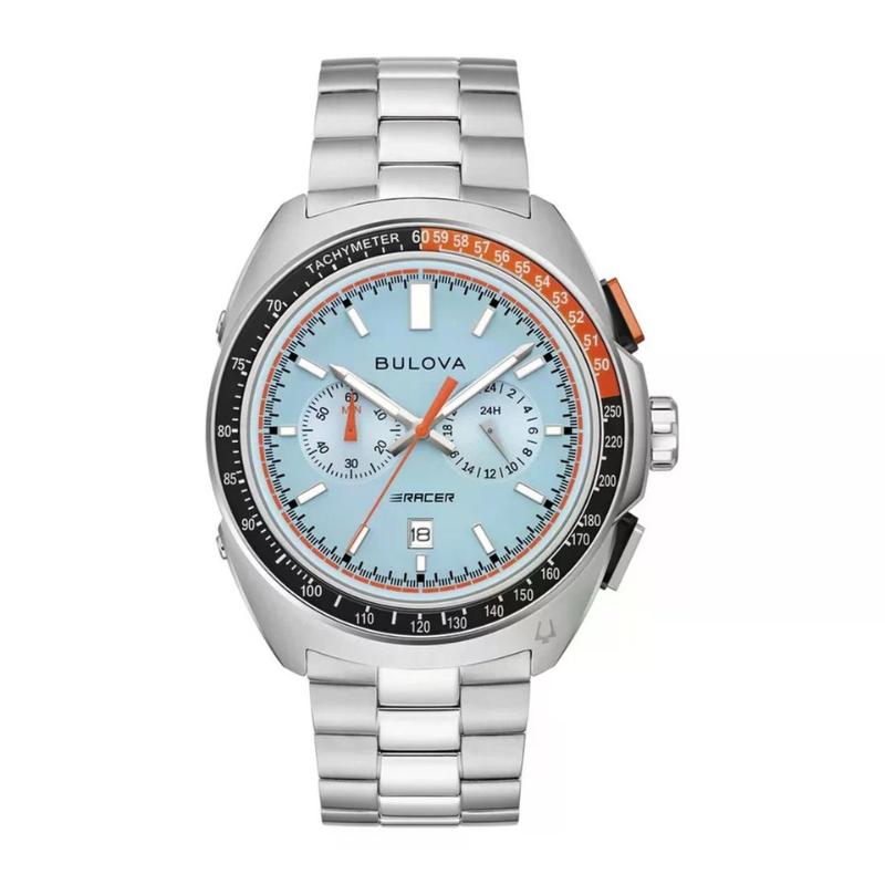 BULOVA 43MM RACER CHRONOGRAPH LIGHT BLUE DIAL/SUBDIALS  WITH ORANGE ACCENTS BLACK/ORANGE BEZEL LINK BRACELET STAINLESS