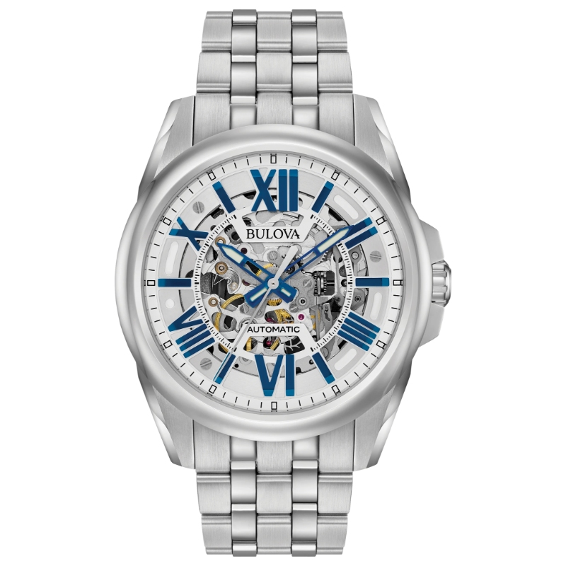 BULOVA 43MM CLASSIC SUTTON WATCH SILVER SKELETON DIAL WITH BLUE ROMAN NUMERALS LINK BRACELET STAINLESS