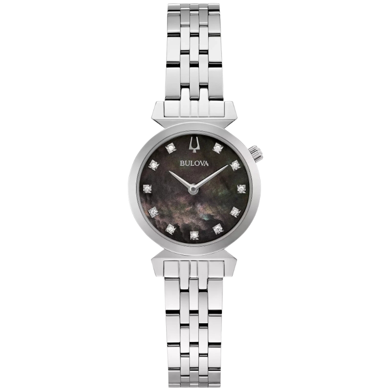 BULOVA LDS WATCH: ROUND BLACK DIAL WITH 11 DIAMONDS 5-ROW LINK BRACELET STAINLESS