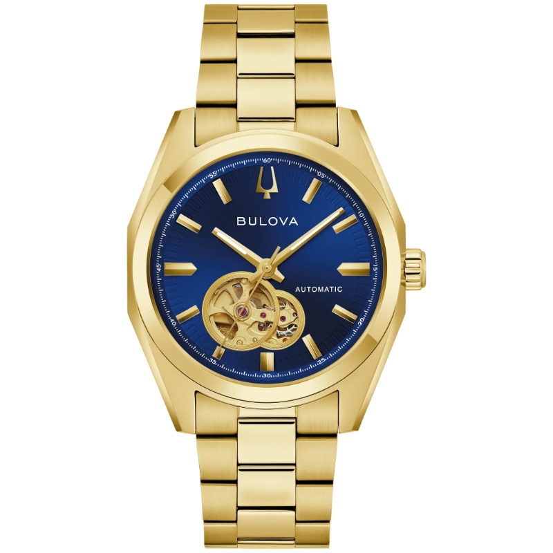 BULOVA SURVEYOR 39MM ROUND BLUE DIAL WATCH LINK BRACELET GOLD TONE
