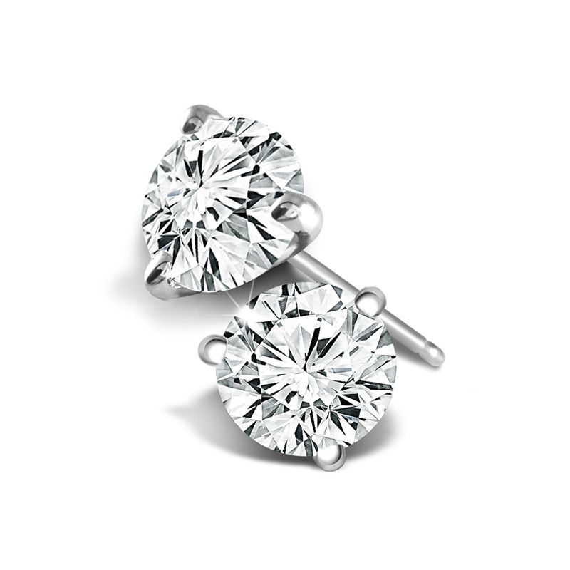 .61CTW ROUND DIAMOND 3-PRONG STUD EARRINGS; 14KW
