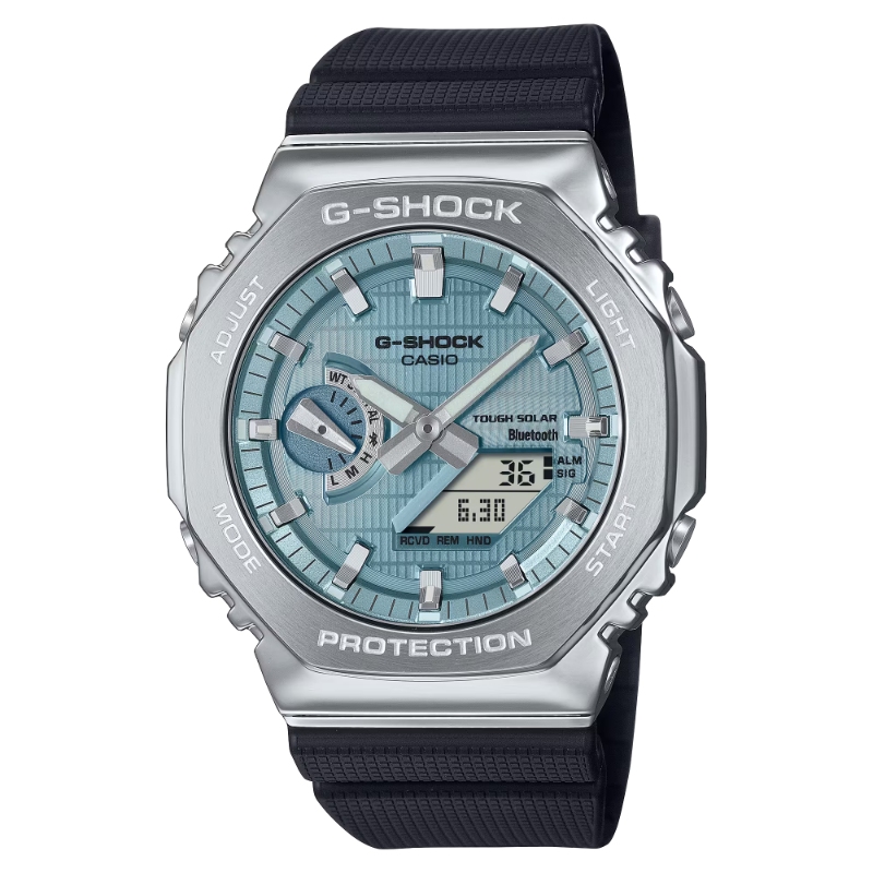 CASIO G-SHOCK ANALOGUE/DIGITAL SOLAR BLUE DIAL; BLACK RESIN WATCH