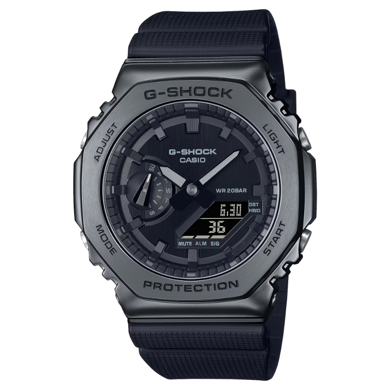 CASIO G-SHOCK ANALOGUE/DIGITAL BLACK DIAL; BLACK RESIN STRAP WATCH; STAINLESS