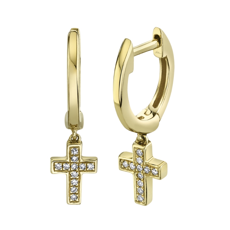 .04CTW 22 ROUND DIAMOND CROSS DANGLE MINI-HOOP EARRINGS 14KY