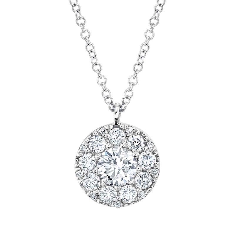 .75CTW 19 ROUND DIAMOND ROUND CLUSTER PENDANT/CHAIN 14KW CONTAINING: .40CT ROUND DIAMOND CENTER + 18 ROUND HALO DIAMONDS .35CTW