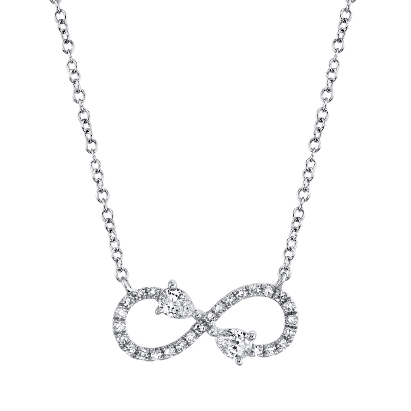 .22CTW DIAMOND INFINITY NECKLACE CONTAINING: 2 PEAR SHAPE DIAMONDS + 26 ROUND DIAMONDS; 14;W