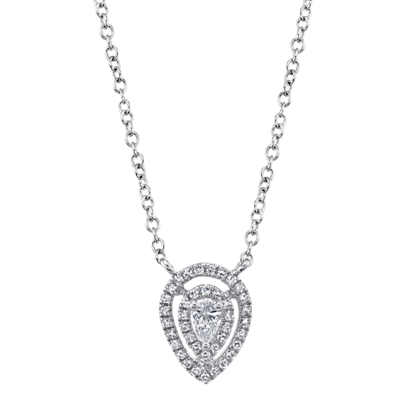 .18CTW DOUBLE PEAR SHAPE HALO DIAMOND NECKLACE CONTAINING: 1 PEAR SHAPE DIAMOND + 39 ROUND DIAMONDS; 14KY