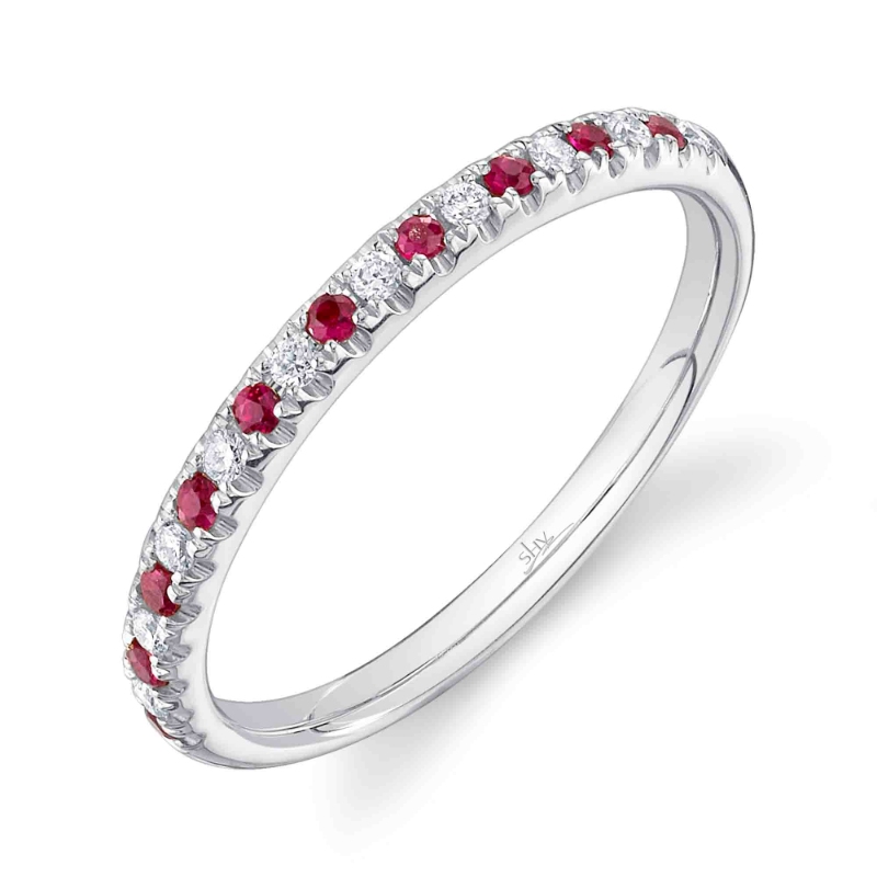 .20TGW RUBY AND DIAMOND PRONG-SET ANNIVERSARY BAND CONTAINING: 10 ROUND DIAMONDS .10TDW + 10 ROUND RUBIES .10CTW 14KW