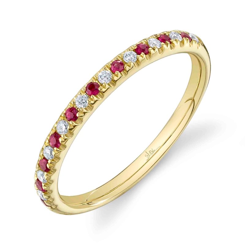 .20TGW RUBY + DIAMOND ANNIVERSARY BAND CONTAINING: 10 ROUND RUBIES .10CTW + 10 ROUND DIAMONDS .10TDW 14KY