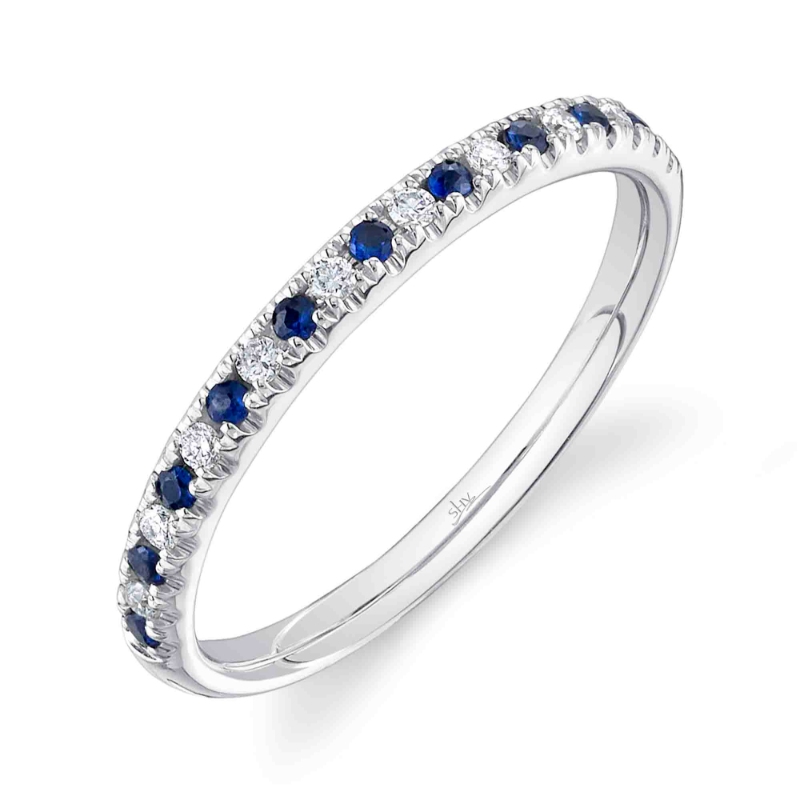.20TGW SAPPHIRE + DIAMOND ANNIVERSARY BAND CONTAINING: 10 ROUND BLUE SAPPHIRES .20CTW + 10 ROUND DIAMONDS .10TDW 14KW